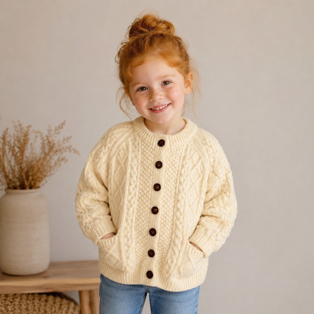 Aran Irish 100% Merino Wool Cardigan Sweater Girls M 5-6Y Cable Knit handknit